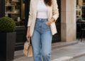 Modern woman wearing a chic outfit with cream blazer, jeans, flats, and handbag on a stylish city street.