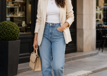 Modern woman wearing a chic outfit with cream blazer, jeans, flats, and handbag on a stylish city street.