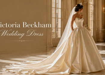 Luxury champagne bridal ball gown inspired by Victoria Beckham wedding dress style in a grand castle hall