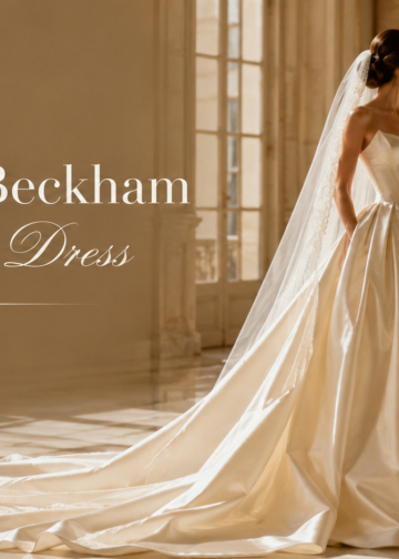 Luxury champagne bridal ball gown inspired by Victoria Beckham wedding dress style in a grand castle hall