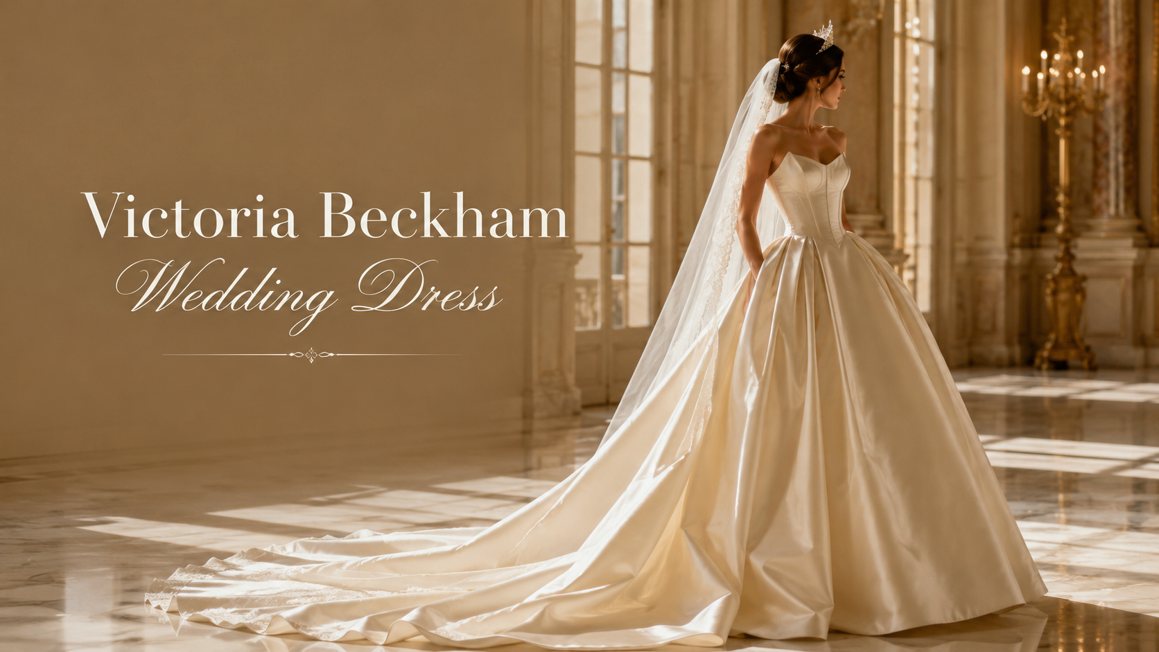 Luxury champagne bridal ball gown inspired by Victoria Beckham wedding dress style in a grand castle hall