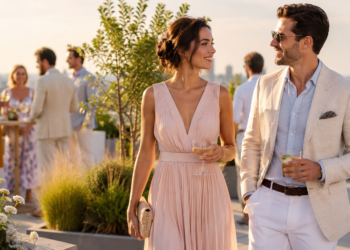 Well-dressed guests wearing summer cocktail attire at an elegant rooftop garden party.