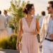 Well-dressed guests wearing summer cocktail attire at an elegant rooftop garden party.