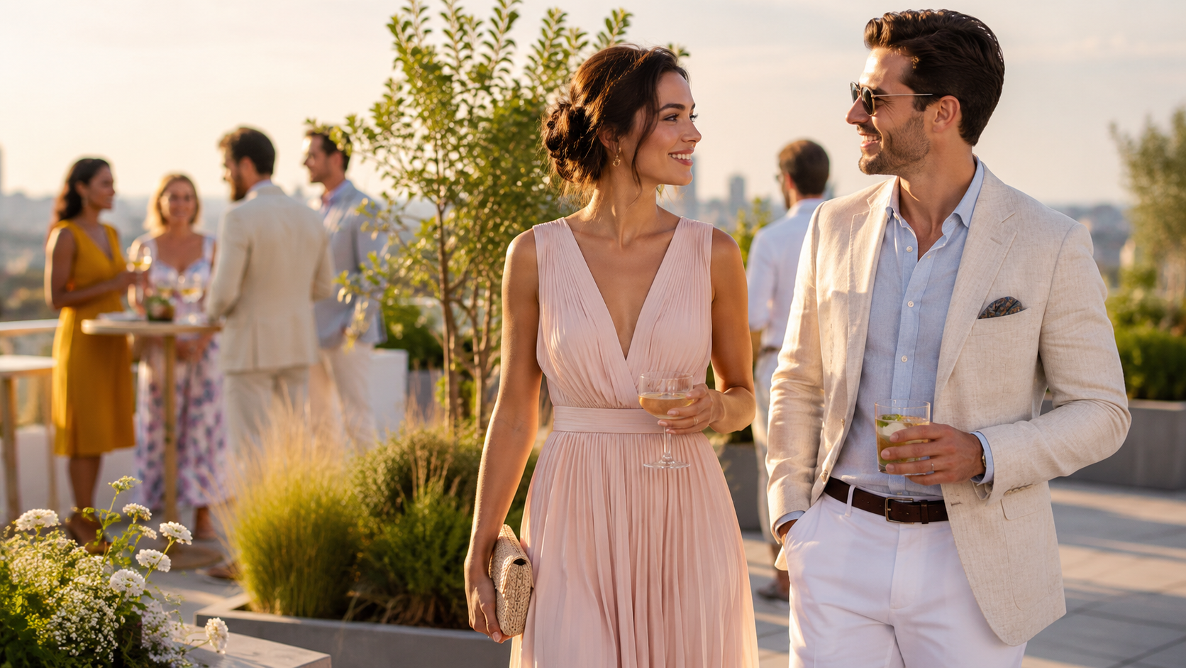 Well-dressed guests wearing summer cocktail attire at an elegant rooftop garden party.