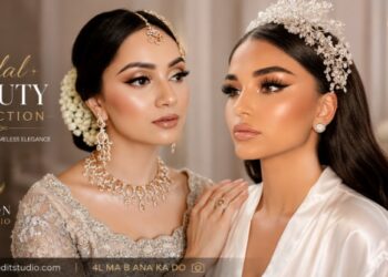 Beautiful bride wearing elegant bridal makeup with glowing skin and soft glam eye makeup.