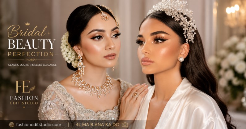 Beautiful bride wearing elegant bridal makeup with glowing skin and soft glam eye makeup.