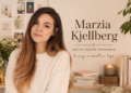 Fashion collage of Marzia Kjellberg with neutral outfits, soft pastel tones, and elegant style details.