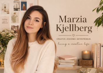 Fashion collage of Marzia Kjellberg with neutral outfits, soft pastel tones, and elegant style details.