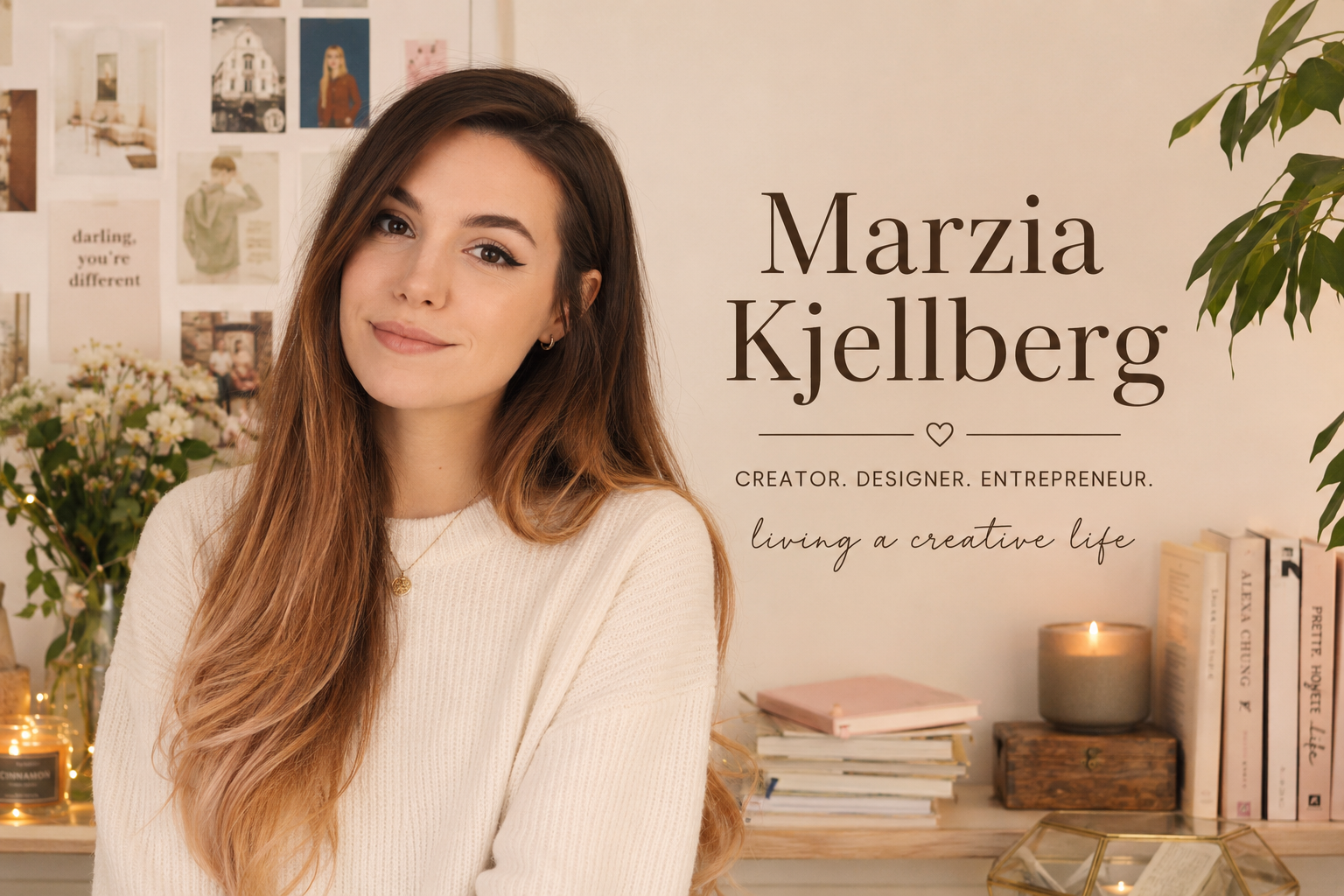 Fashion collage of Marzia Kjellberg with neutral outfits, soft pastel tones, and elegant style details.