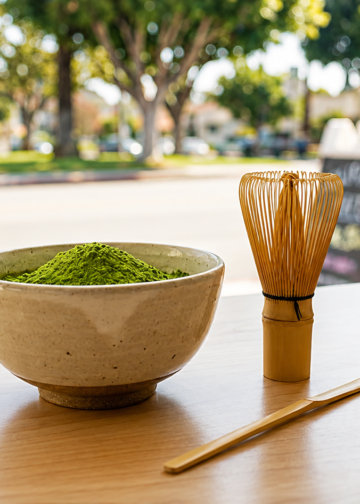 Bright green matcha latte with foam, an example of high-quality ceremonial-grade matcha preparation