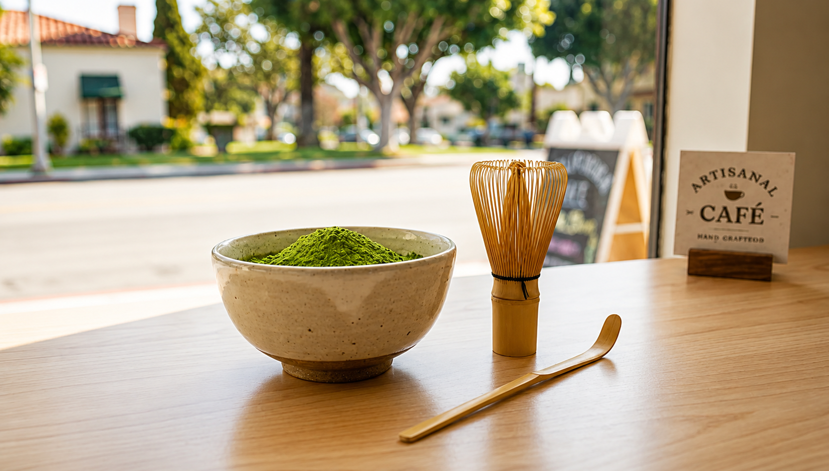 Bright green matcha latte with foam, an example of high-quality ceremonial-grade matcha preparation