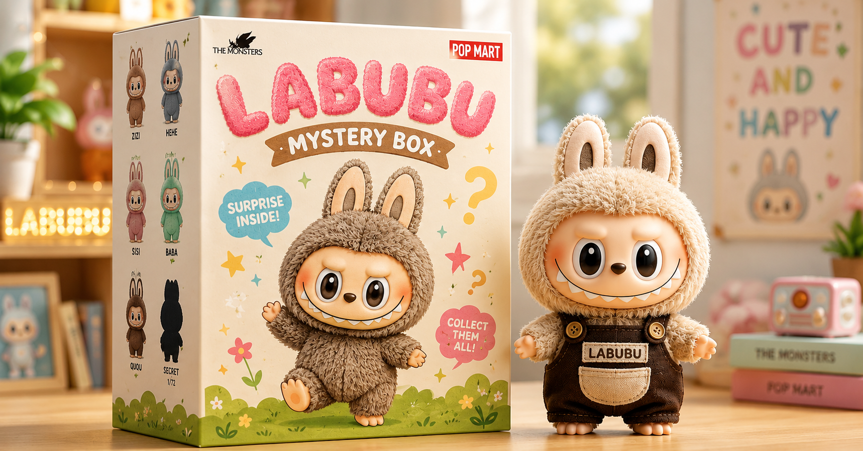 Pop Mart Labubu mystery box packaging showing available character designs and secret figure odds