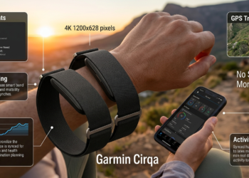 Garmin CIRQA smart band screenless fitness tracker in black fabric band.