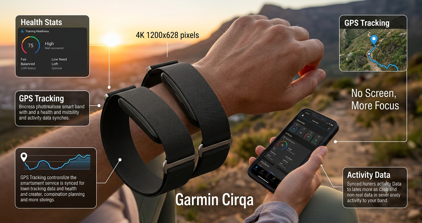 Garmin CIRQA smart band screenless fitness tracker in black fabric band.