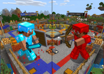 Minecraft players fighting in a PvP arena mini-game similar to PlayBattleSquare-style gameplay
