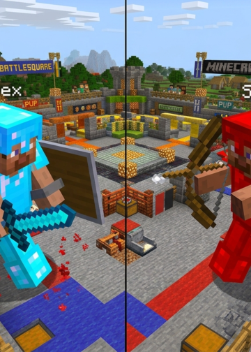Minecraft players fighting in a PvP arena mini-game similar to PlayBattleSquare-style gameplay