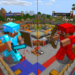 Minecraft players fighting in a PvP arena mini-game similar to PlayBattleSquare-style gameplay