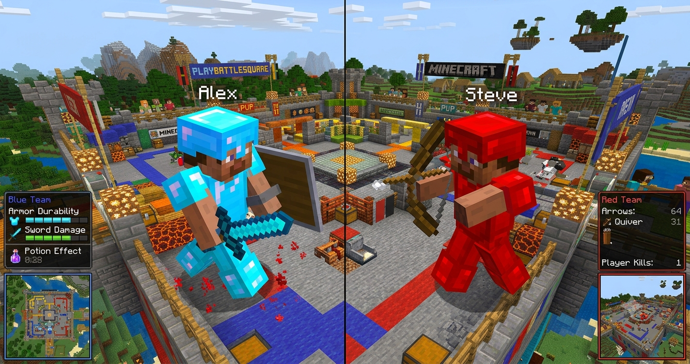 Minecraft players fighting in a PvP arena mini-game similar to PlayBattleSquare-style gameplay