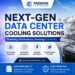 Modern AI data center server racks featuring liquid cooling pipes and high-density infrastructure cabling.